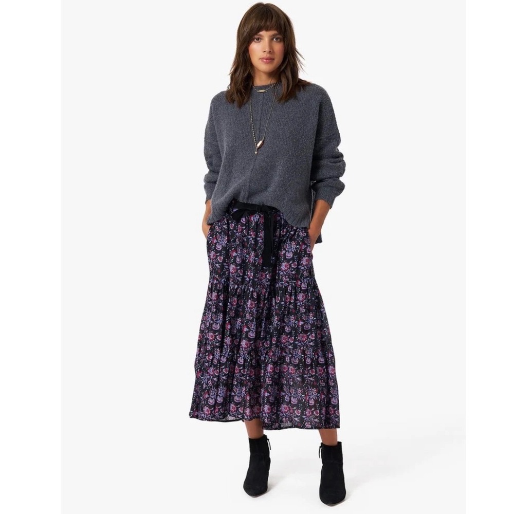 Xirena Iris Skirt Women M Black Beauty EUC Floral Silk Cotton Midi Tiered Boho